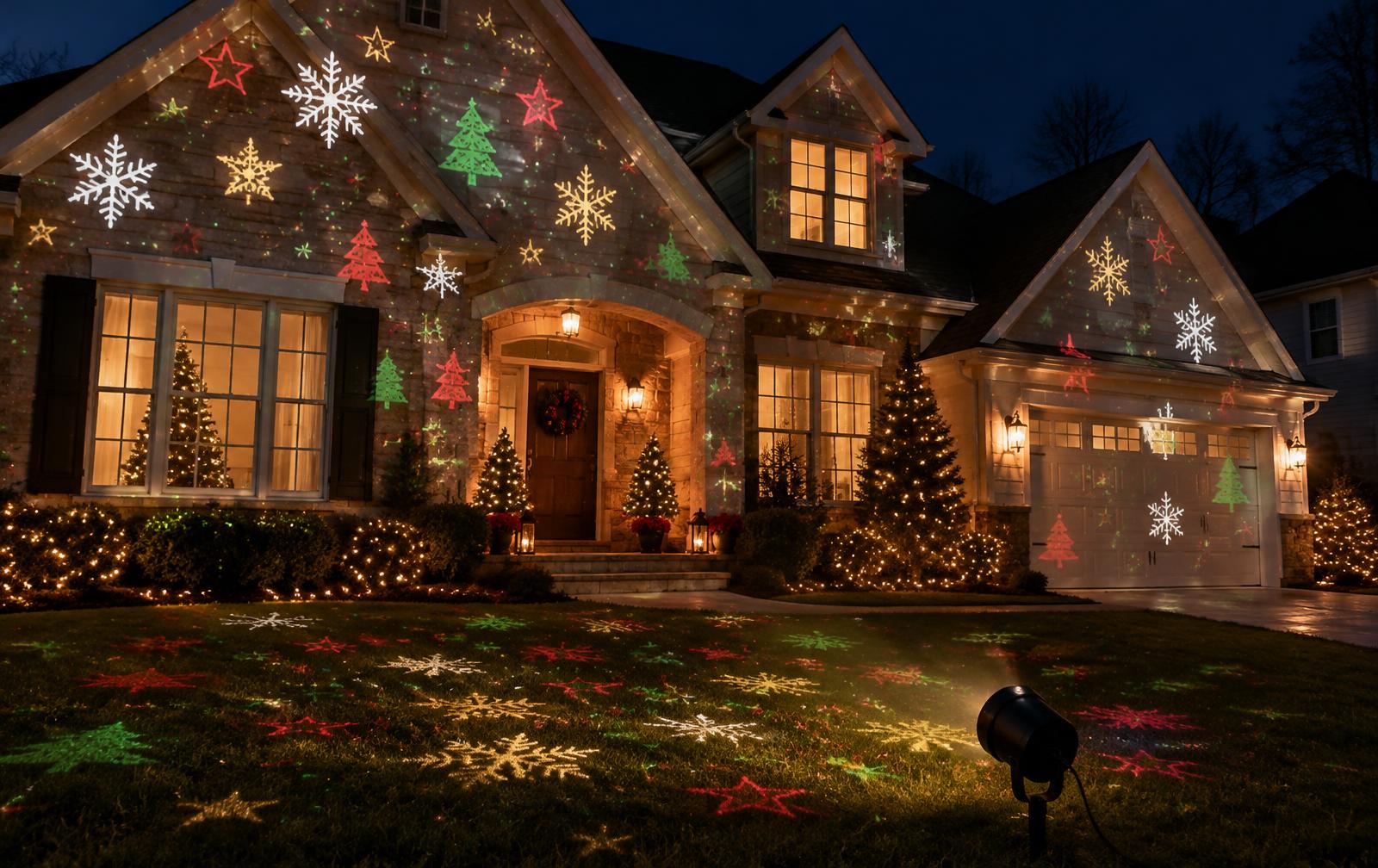 Casa iluminada com projeções natalinas na fachada e no gramado